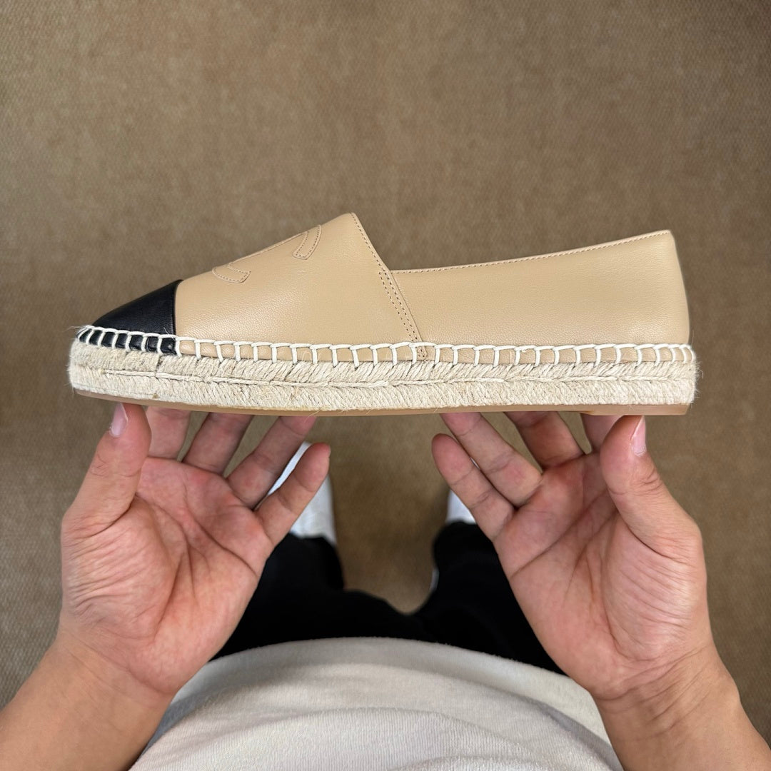 Chanel Espadrille Flats in Beige Leather with Black Cap-Toe