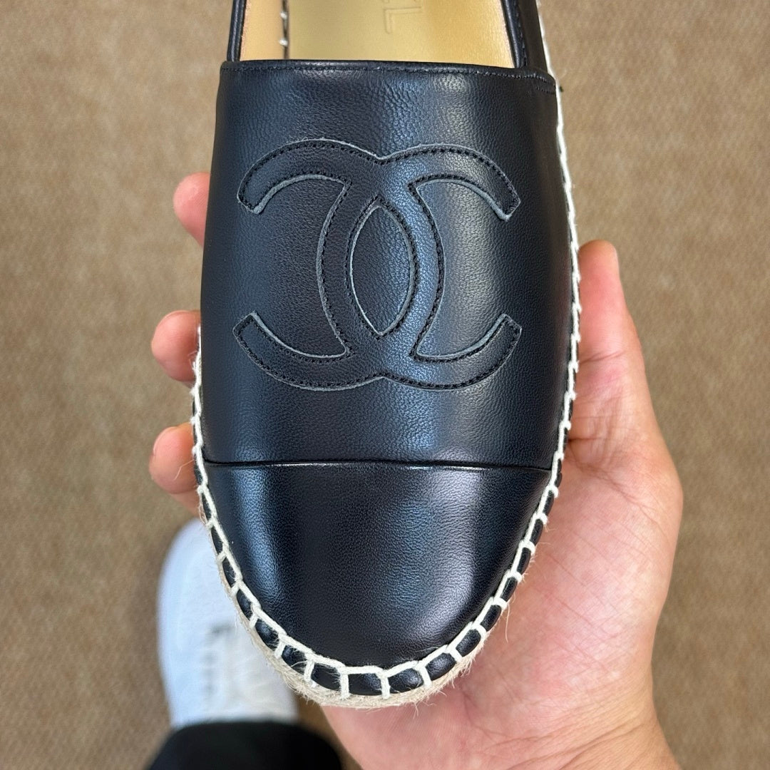 Chanel Black Leather CC Logo Espadrilles
