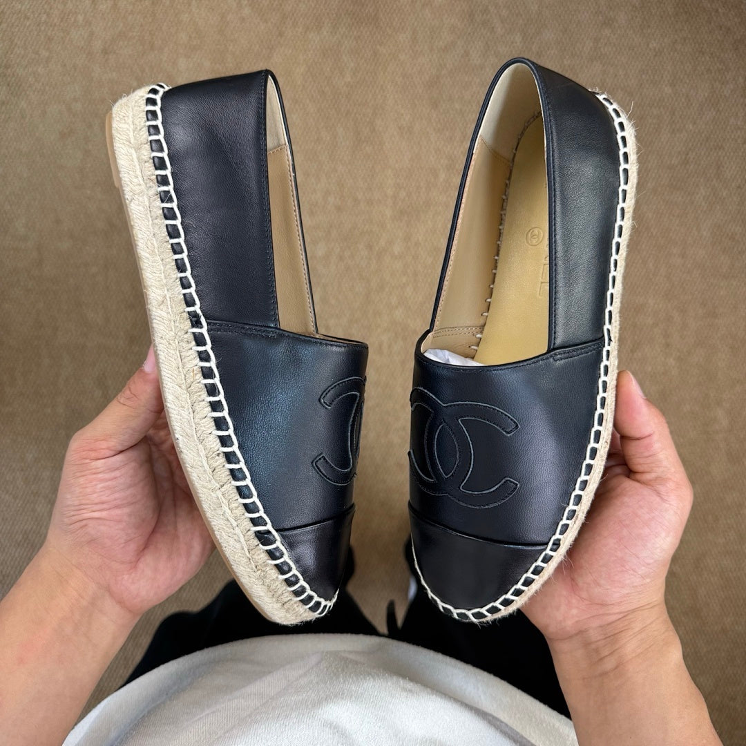Chanel Black Leather CC Logo Espadrilles