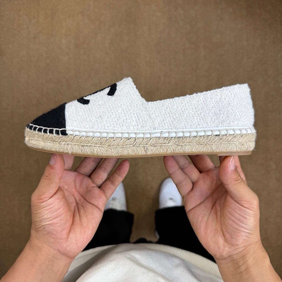 Chanel Espadrilles in White Tweed with Black Toe Cap and CC Logo
