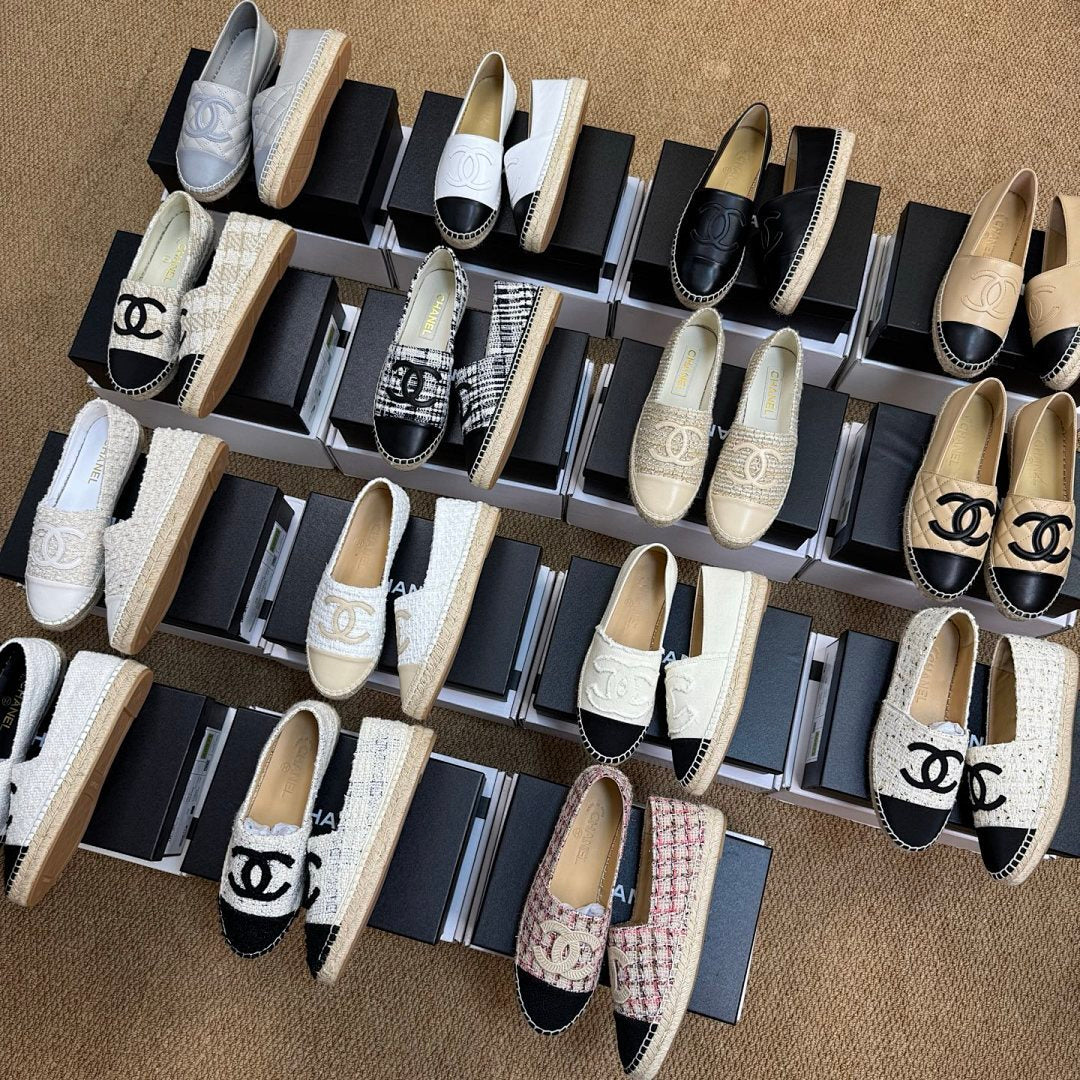 Chanel Espadrilles in White Tweed with Black Toe Cap and CC Logo