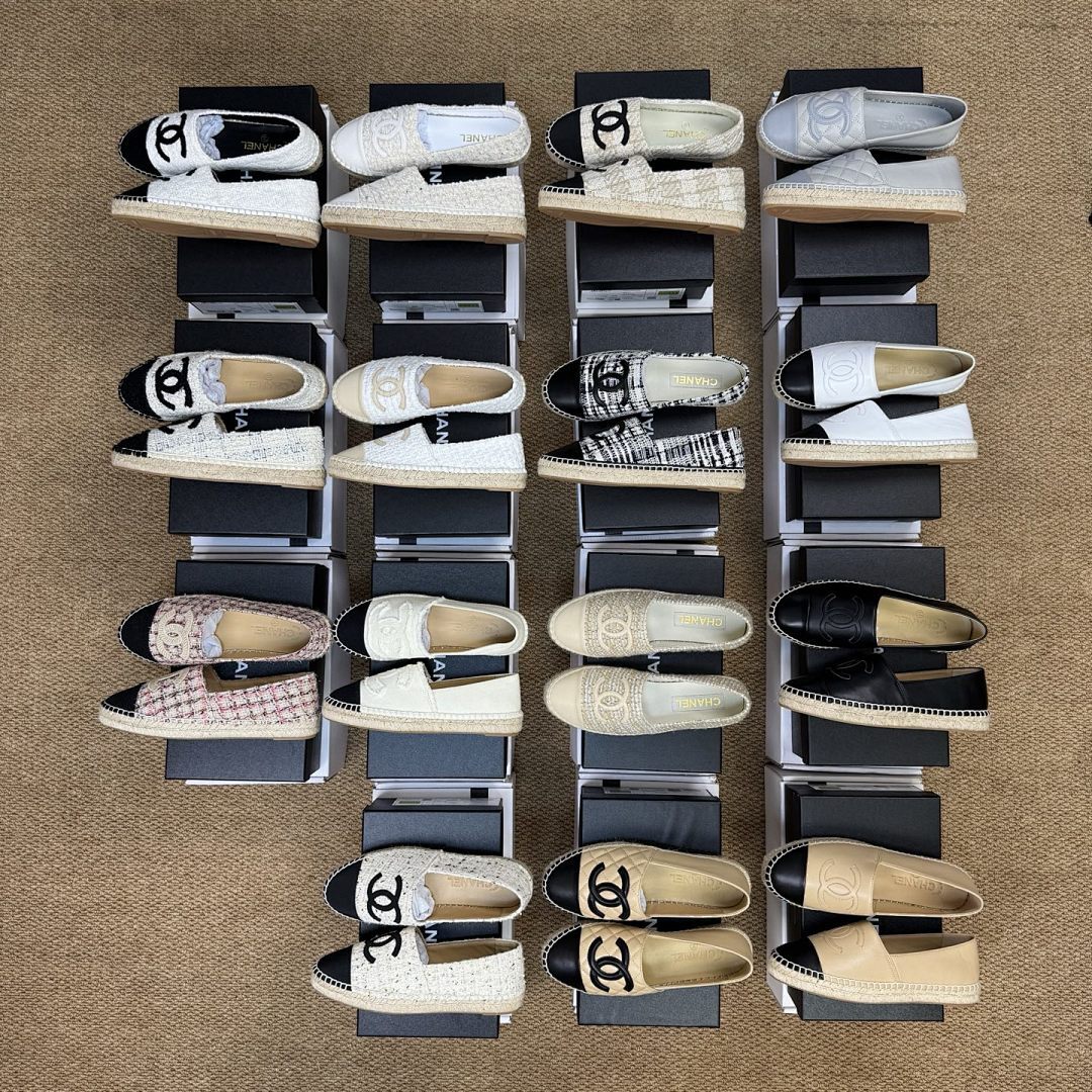 Chanel Espadrilles in White Tweed with Black Toe Cap and CC Logo