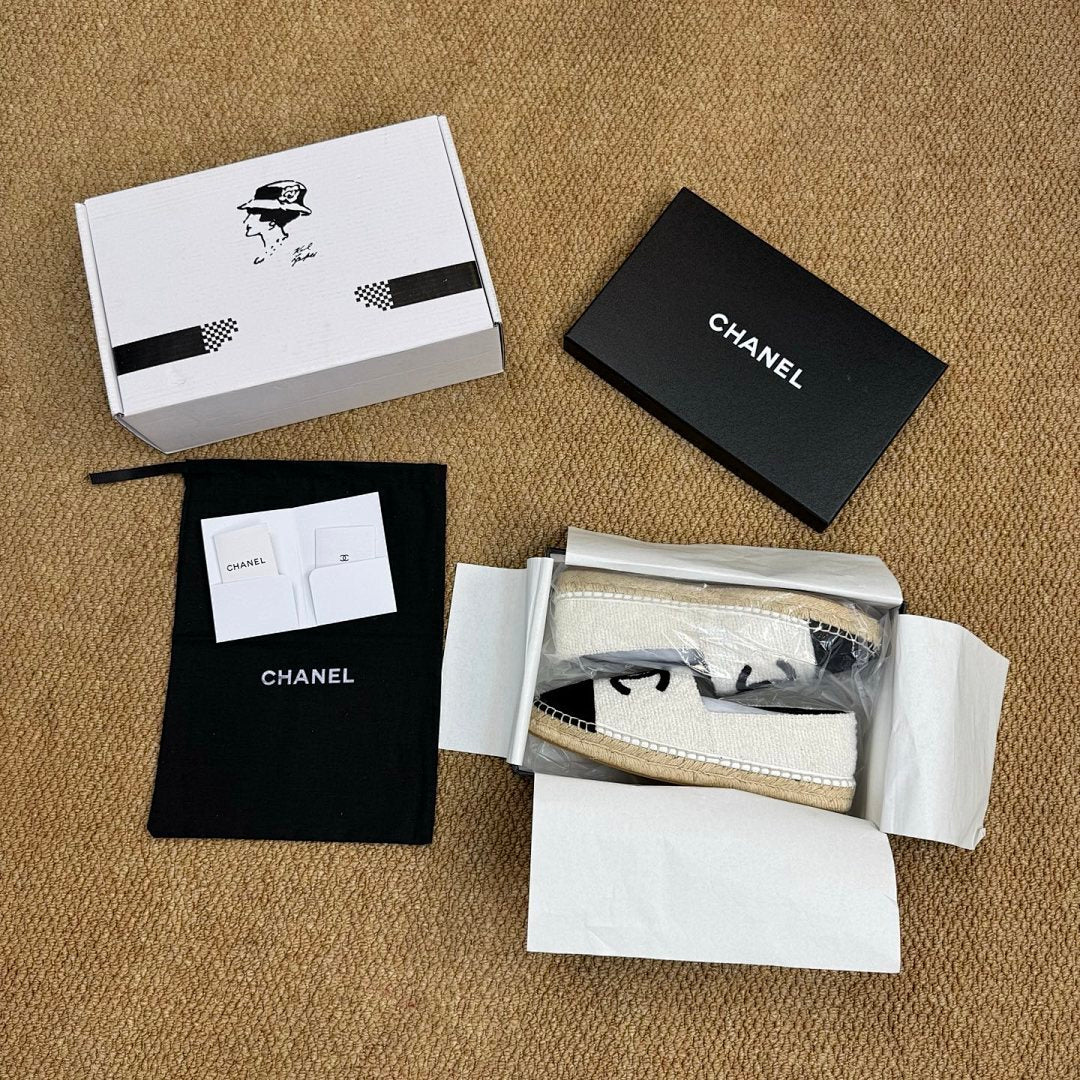 Chanel Espadrilles in White Tweed with Black Toe Cap and CC Logo