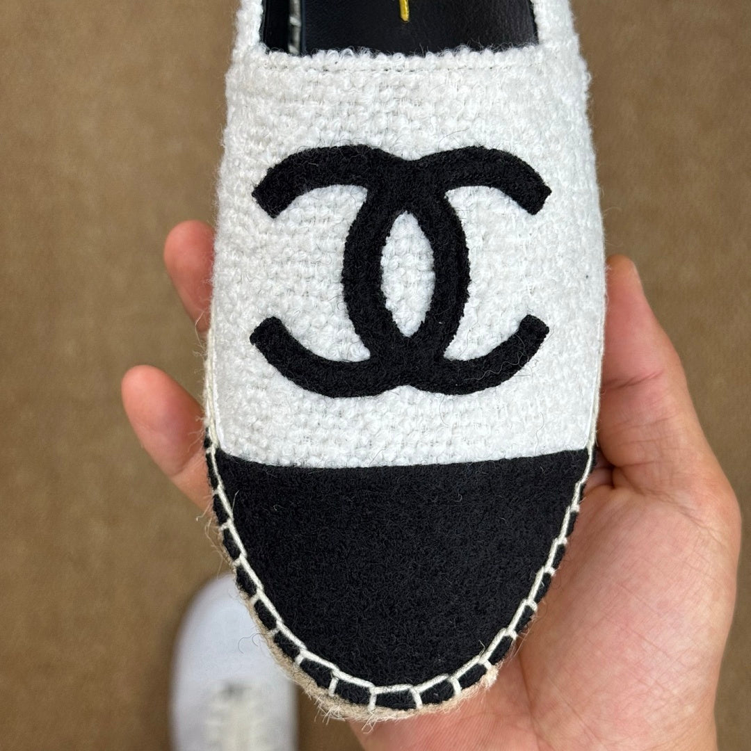 Chanel Espadrilles in White Tweed with Black Toe Cap and CC Logo