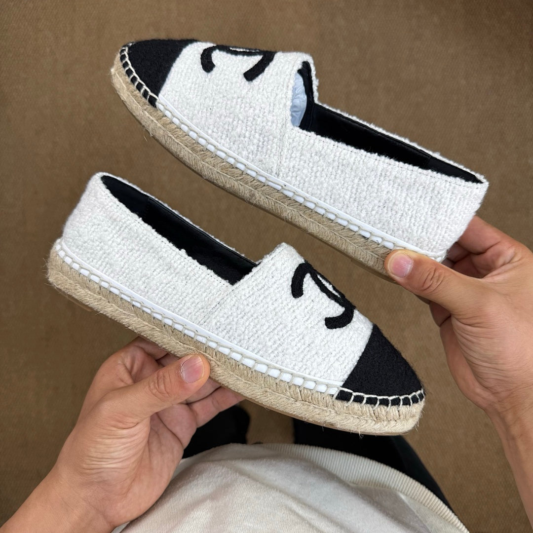 Chanel Espadrilles in White Tweed with Black Toe Cap and CC Logo