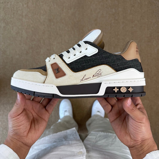 Louis Vuitton LV Trainer Sneaker Black Monogram Denim Beige Suede