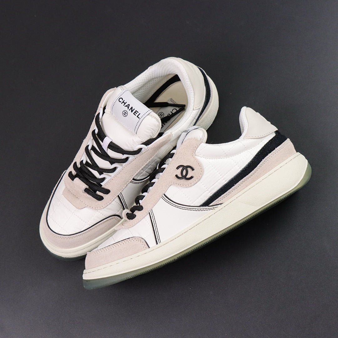 Chanel Quilted Leather Suede Low-Top Trainers White Beige Black