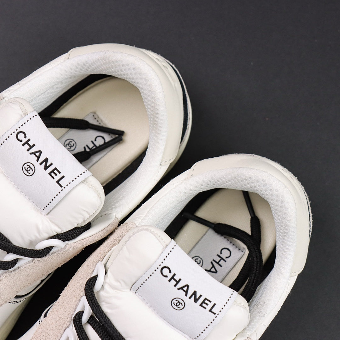 Chanel Quilted Leather Suede Low-Top Trainers White Beige Black