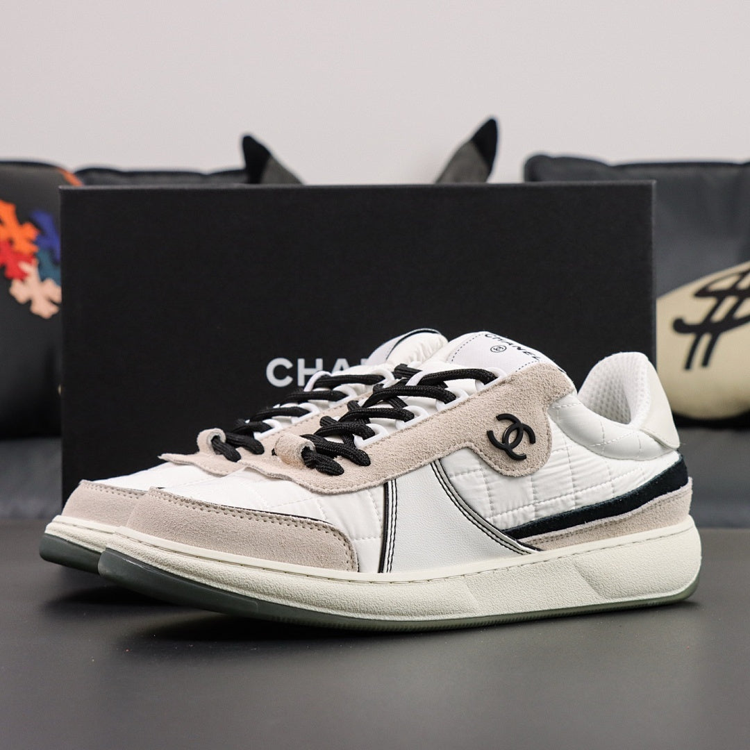 Chanel Quilted Leather Suede Low-Top Trainers White Beige Black
