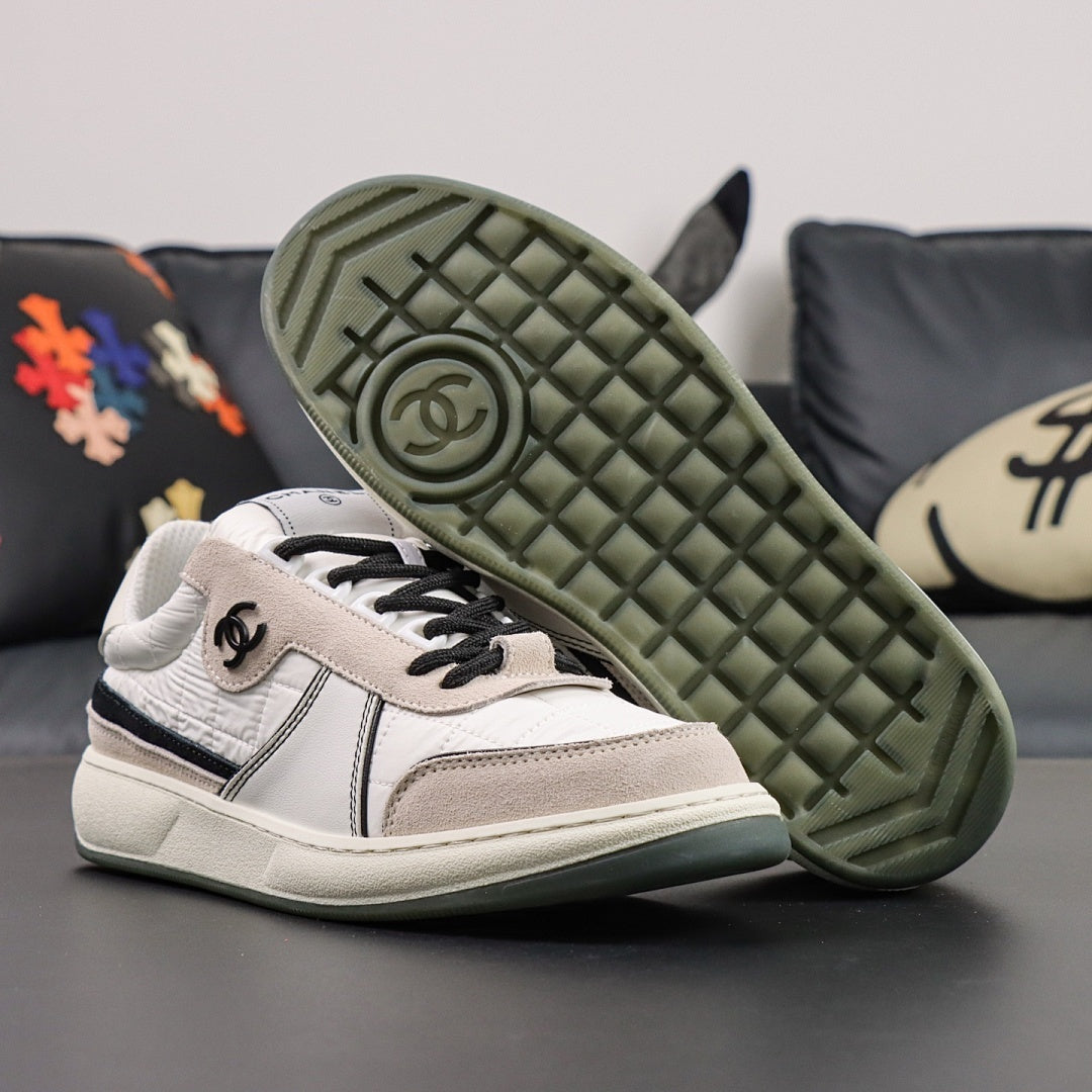 Chanel Quilted Leather Suede Low-Top Trainers White Beige Black