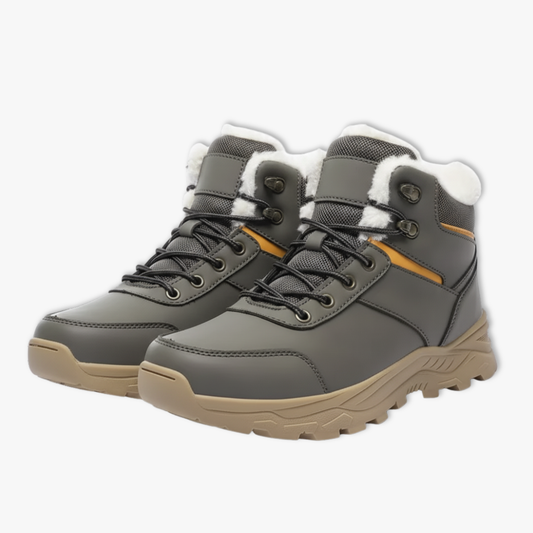 Blotcha Men's Warm Plush Lined Hiking Snow Boots, Grey/Brown Lace-Up Winter Shoes