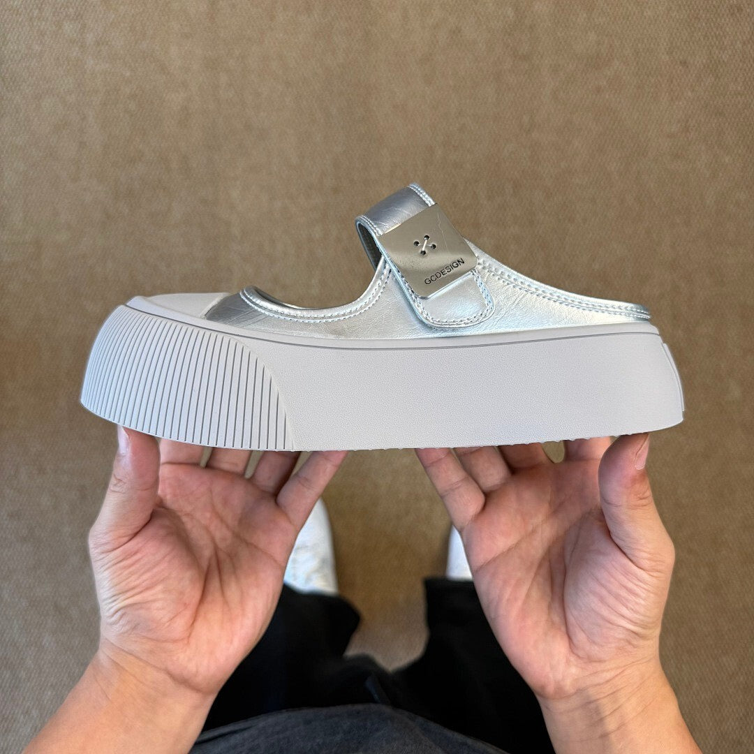 GCDS Metallic Silver Mary Jane Platform Mules