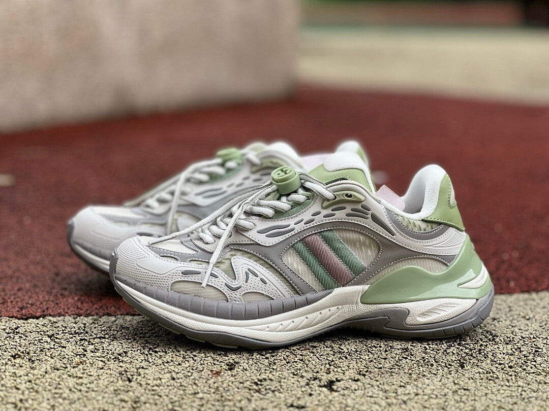 Gucci Run Sneakers Grey Sage Green Pink Stripe
