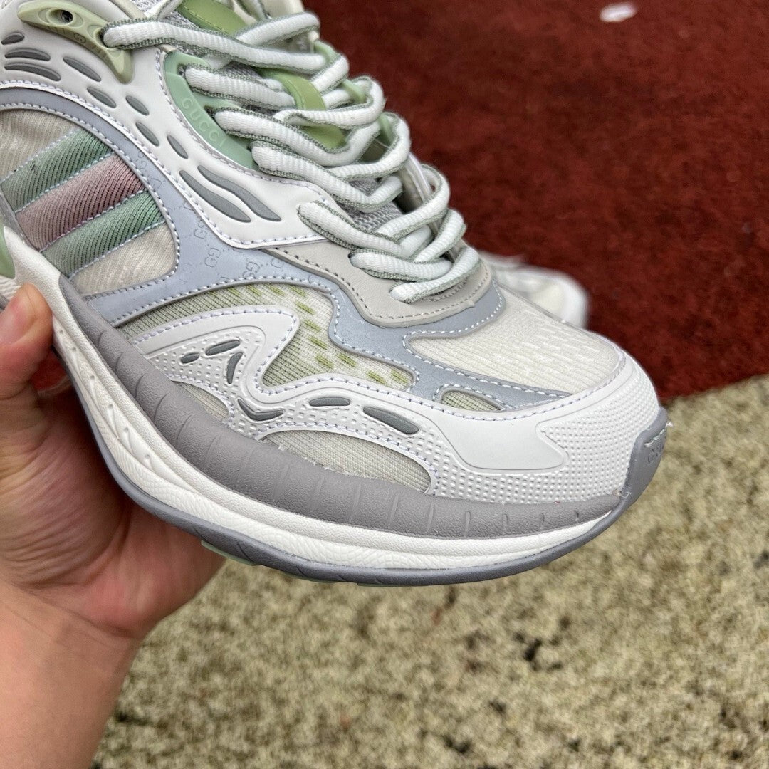 Gucci Run Sneakers Grey Sage Green Pink Stripe