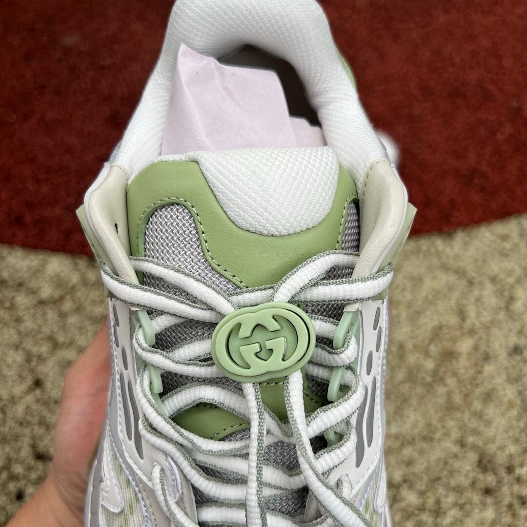 Gucci Run Sneakers Grey Sage Green Pink Stripe