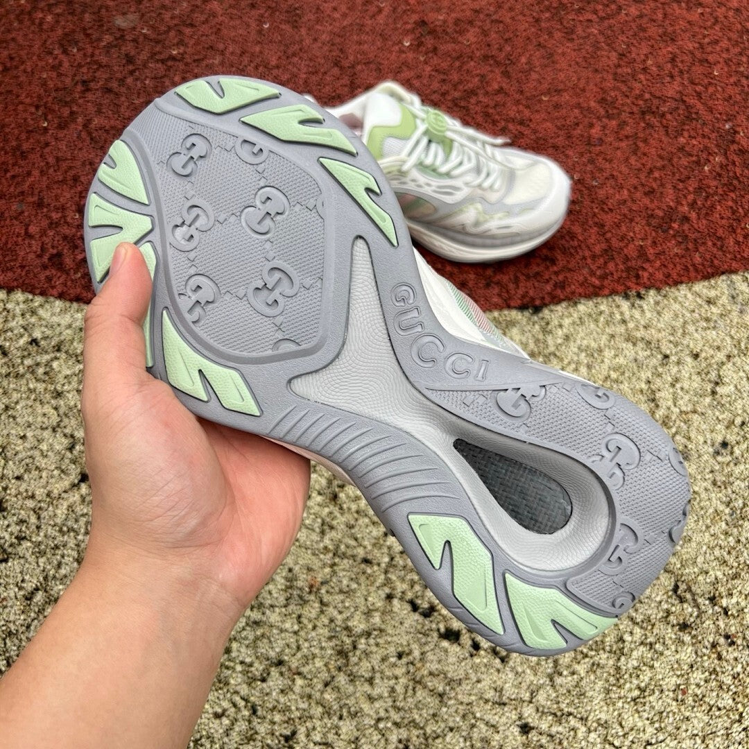 Gucci Run Sneakers Grey Sage Green Pink Stripe