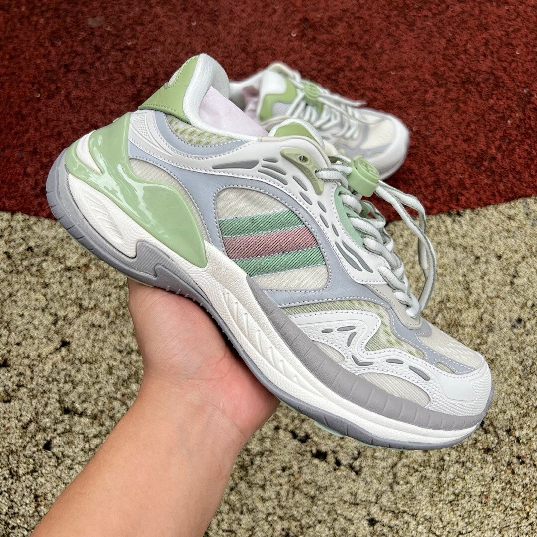 Gucci Run Sneakers Grey Sage Green Pink Stripe