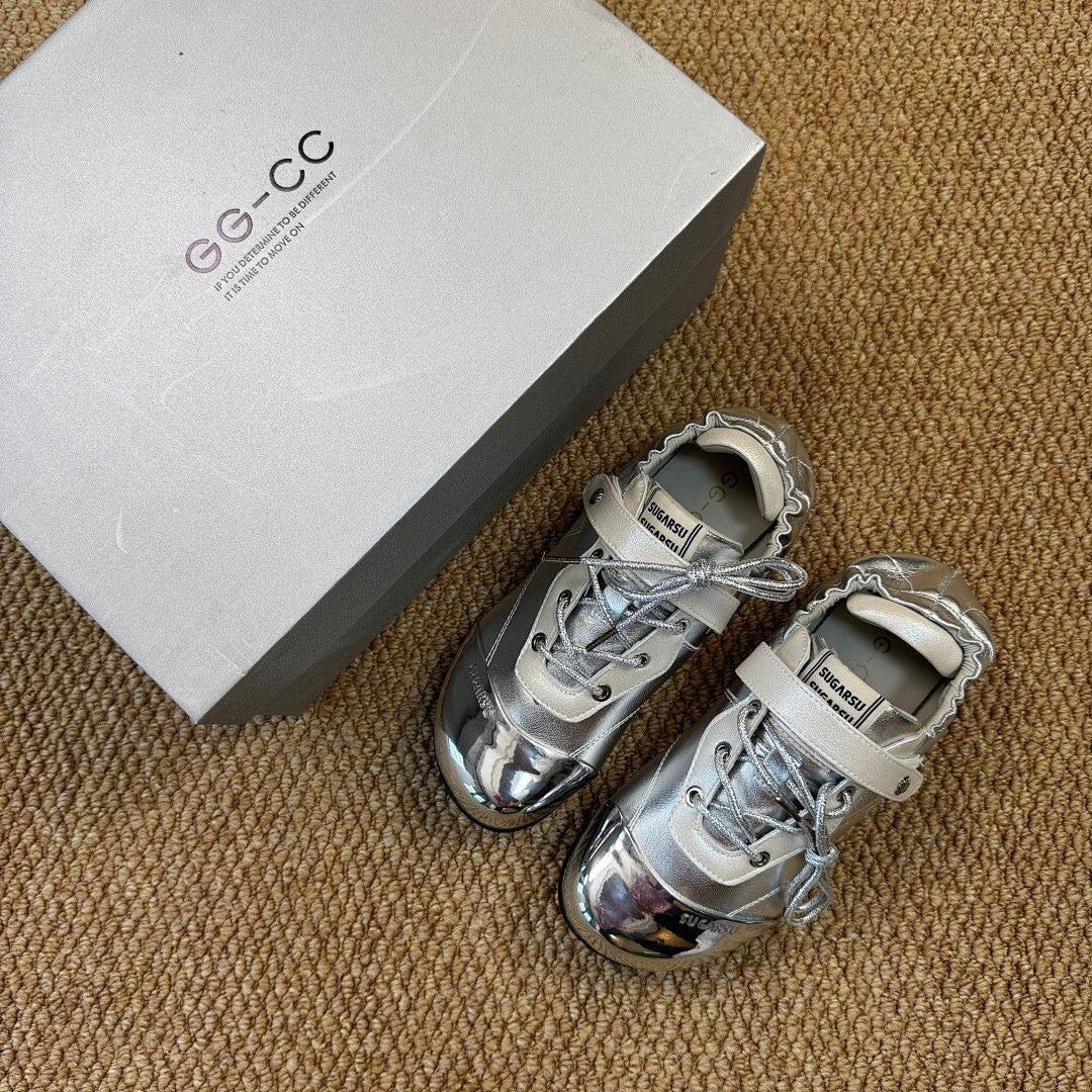Women's Silver Metallic Flat Shoes with Chrome Toe Cap, Elasticated Heel, and Instep Strap