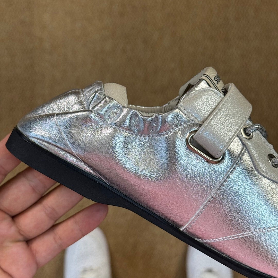 Women's Silver Metallic Flat Shoes with Chrome Toe Cap, Elasticated Heel, and Instep Strap