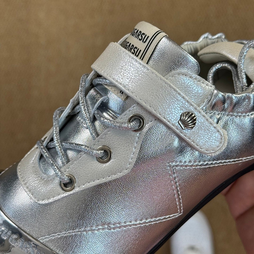 Women's Silver Metallic Flat Shoes with Chrome Toe Cap, Elasticated Heel, and Instep Strap