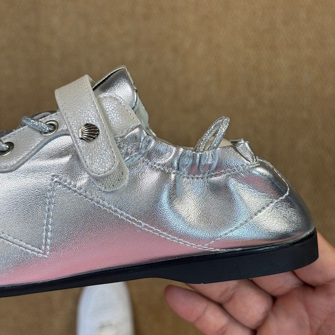 Women's Silver Metallic Flat Shoes with Chrome Toe Cap, Elasticated Heel, and Instep Strap