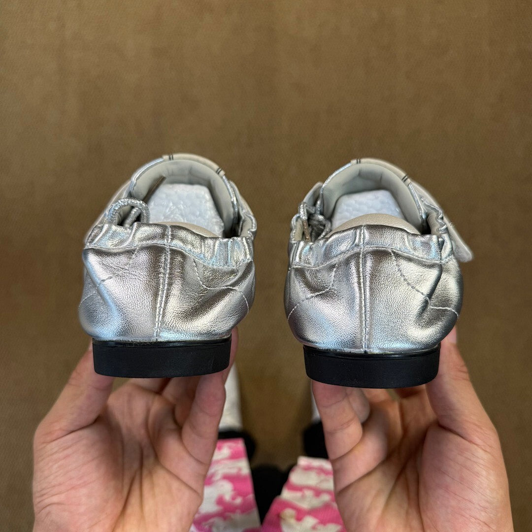 Women's Silver Metallic Flat Shoes with Chrome Toe Cap, Elasticated Heel, and Instep Strap