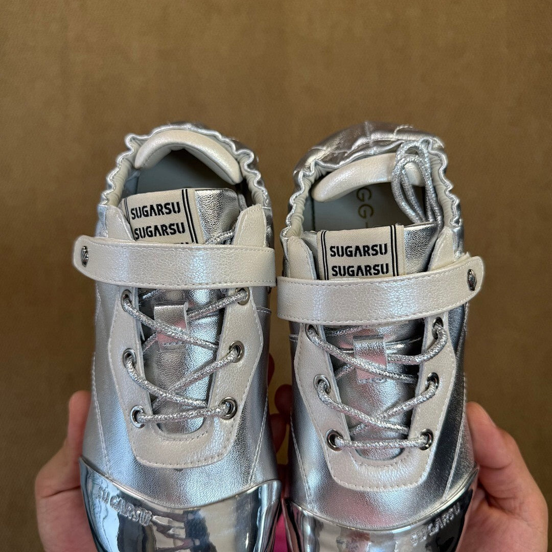 Women's Silver Metallic Flat Shoes with Chrome Toe Cap, Elasticated Heel, and Instep Strap