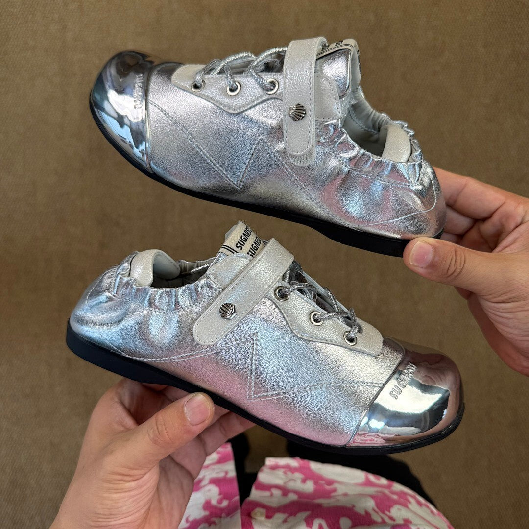 Women's Silver Metallic Flat Shoes with Chrome Toe Cap, Elasticated Heel, and Instep Strap
