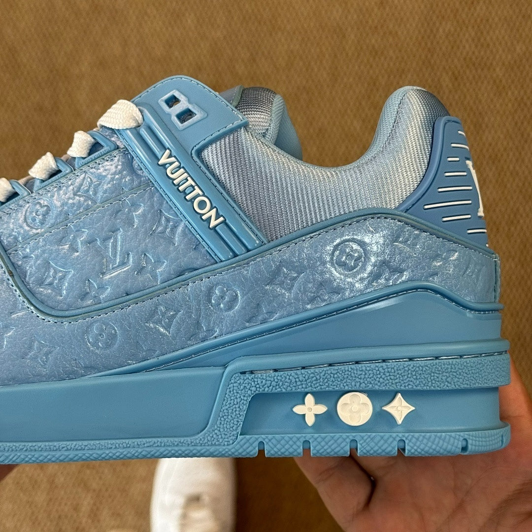 Louis Vuitton LV Trainer Sneaker Monogram Embossed Calfskin Light Blue 1A9Z6L