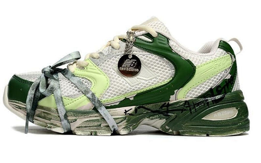 New Balance 530 White Green Distressed Graffiti Sneakers