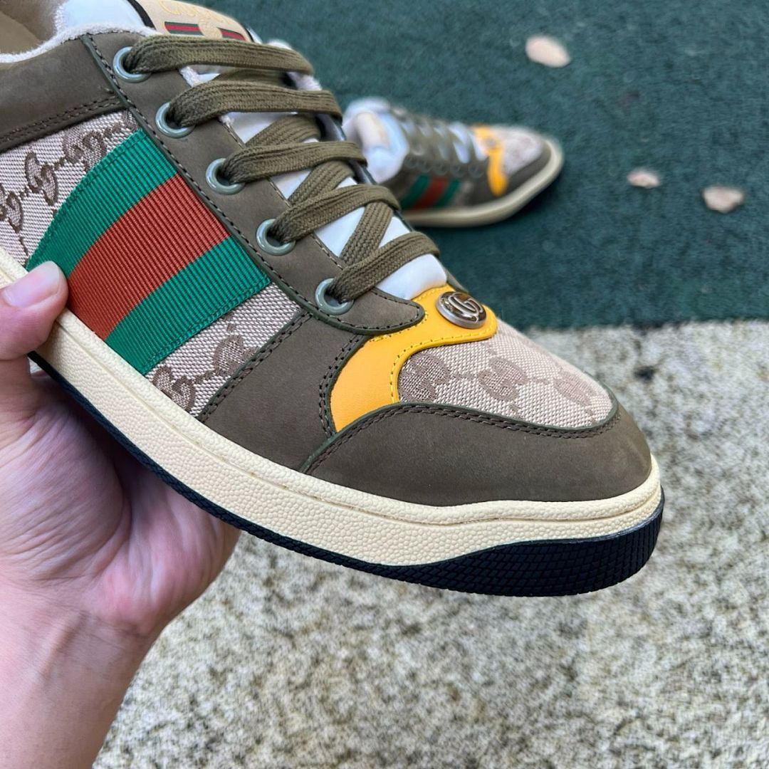 Gucci G74 GG Supreme Canvas Web Stripe Low-Top Sneakers Khaki Yellow