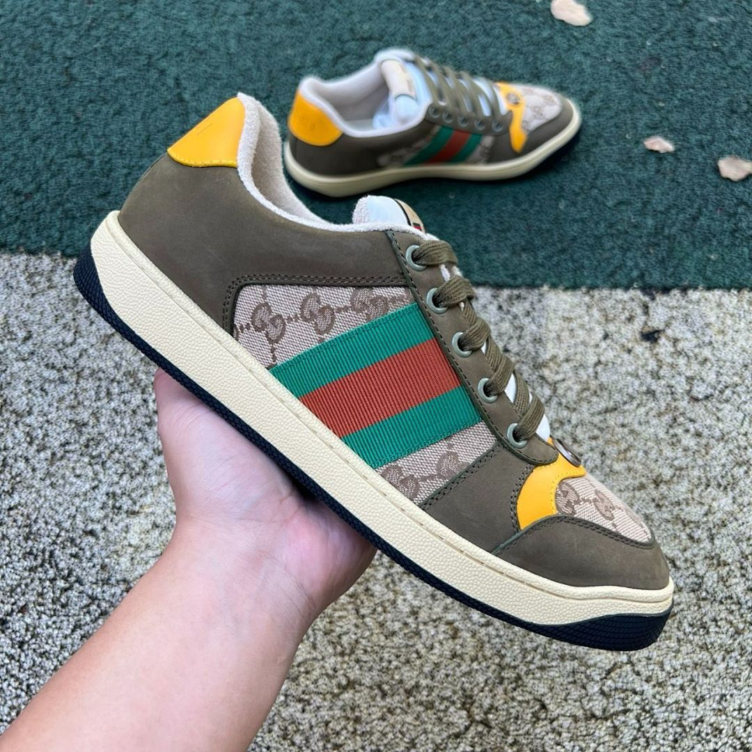 Gucci G74 GG Supreme Canvas Web Stripe Low-Top Sneakers Khaki Yellow