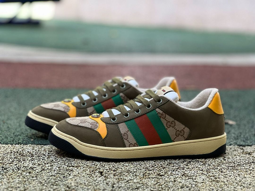 Gucci G74 GG Supreme Canvas Web Stripe Low-Top Sneakers Khaki Yellow