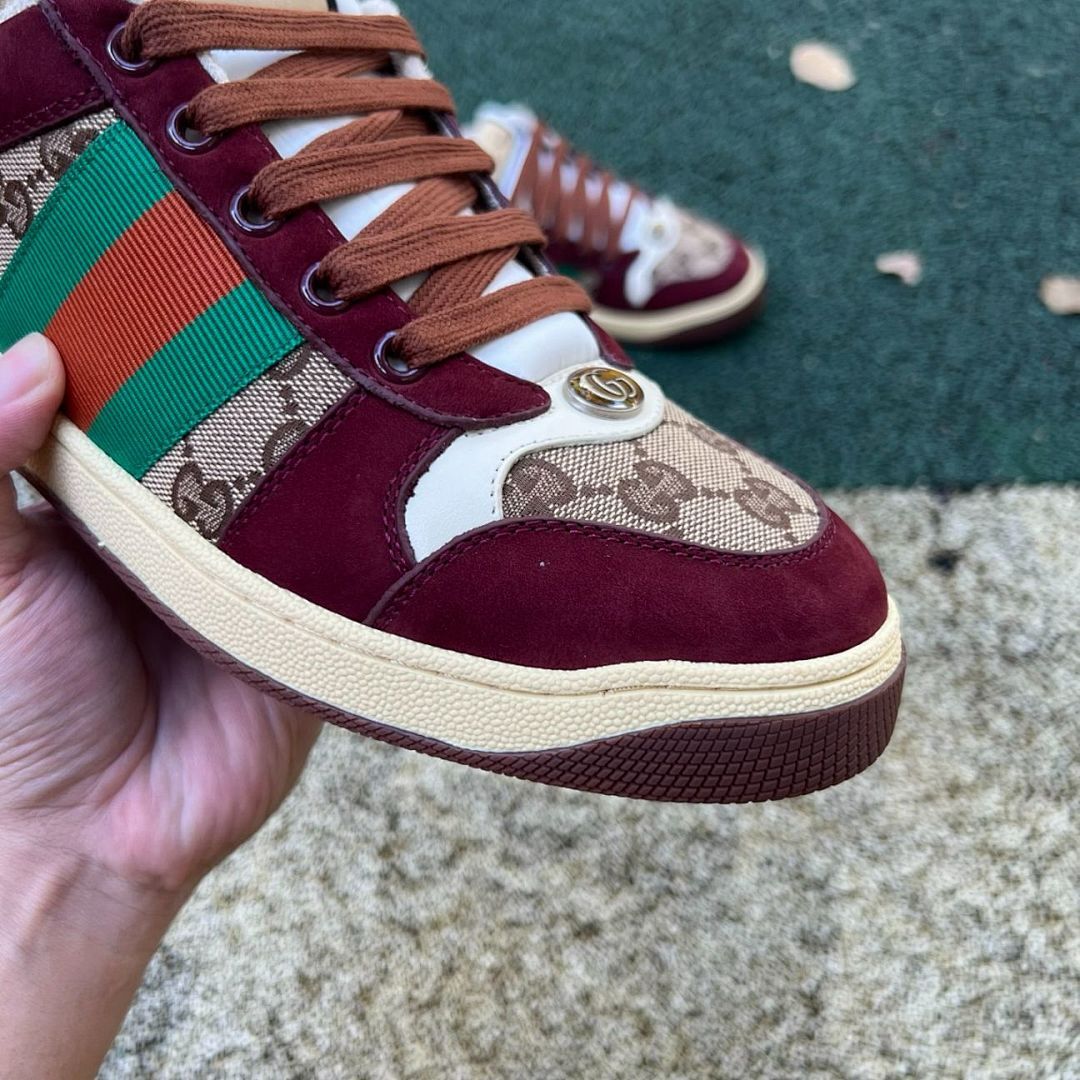 Gucci Ace GG Supreme Web Stripe Burgundy Suede Shearling Low-Top Sneaker