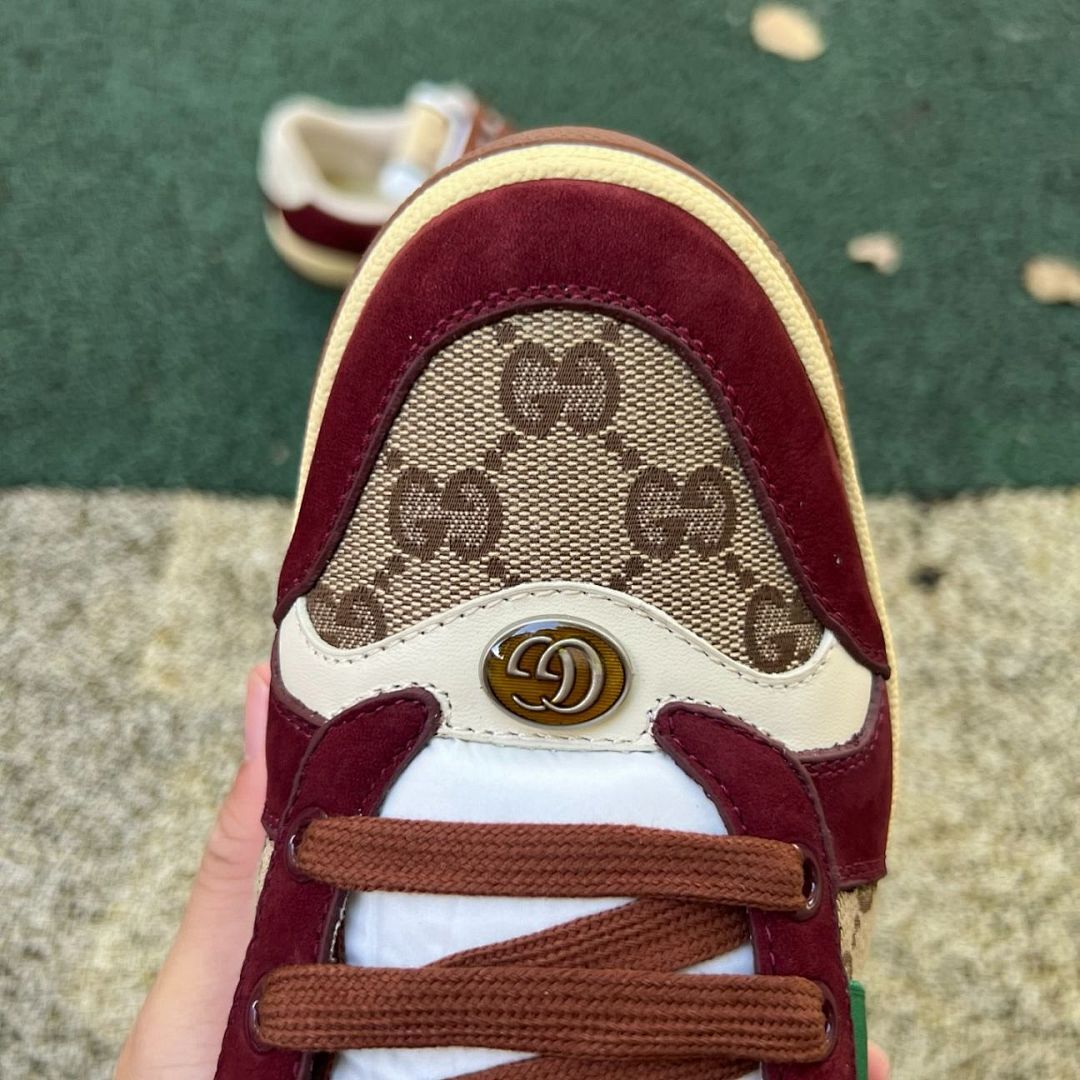 Gucci Ace GG Supreme Web Stripe Burgundy Suede Shearling Low-Top Sneaker