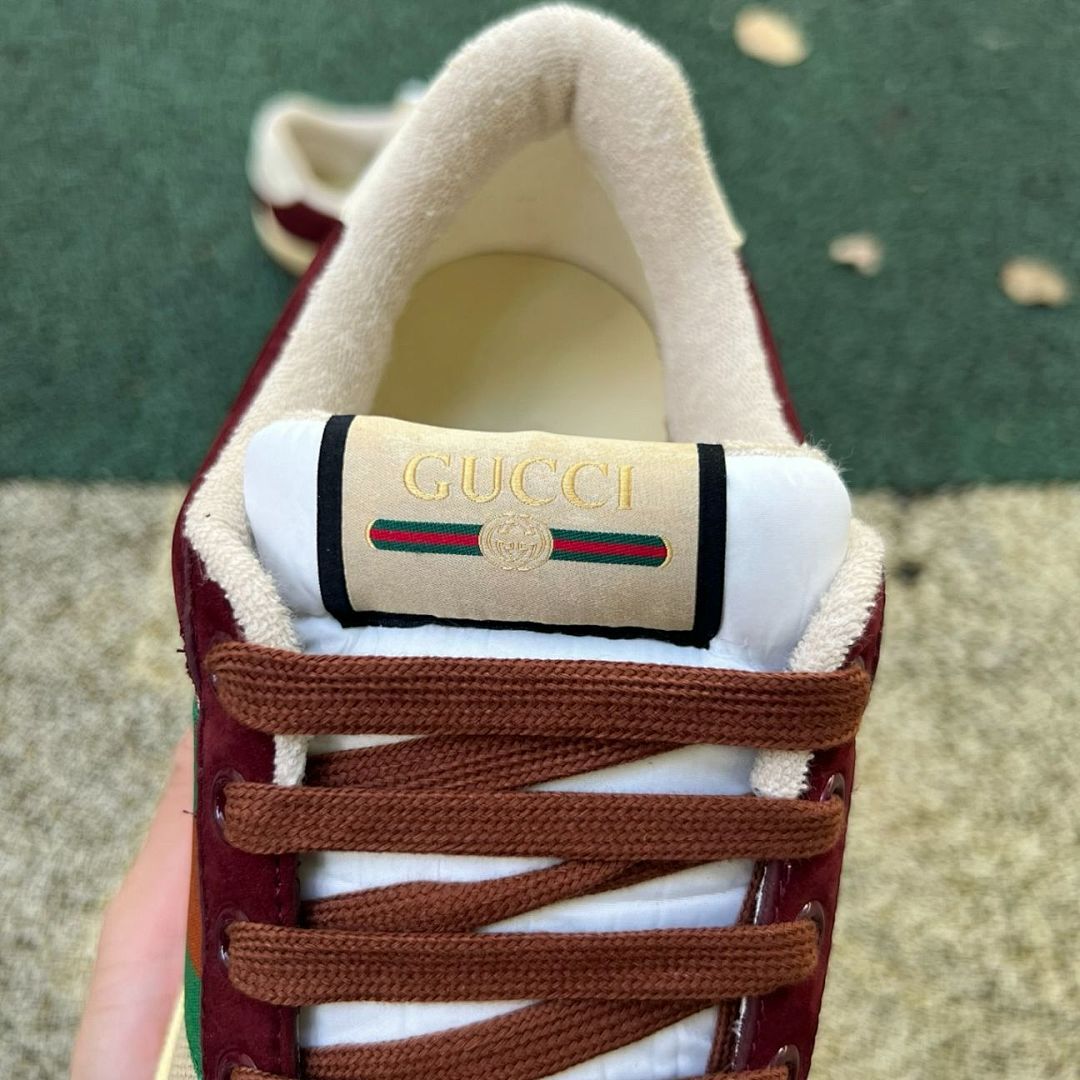 Gucci Ace GG Supreme Web Stripe Burgundy Suede Shearling Low-Top Sneaker
