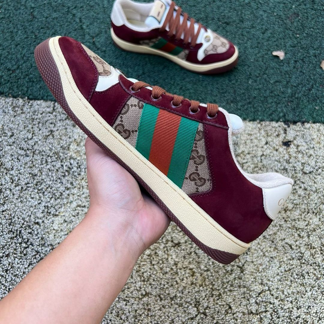Gucci Ace GG Supreme Web Stripe Burgundy Suede Shearling Low-Top Sneaker