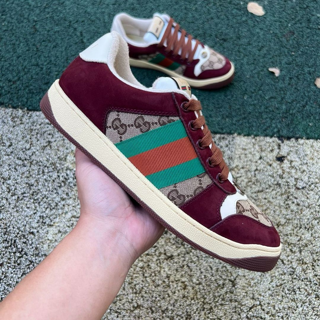 Gucci Ace GG Supreme Web Stripe Burgundy Suede Shearling Low-Top Sneaker