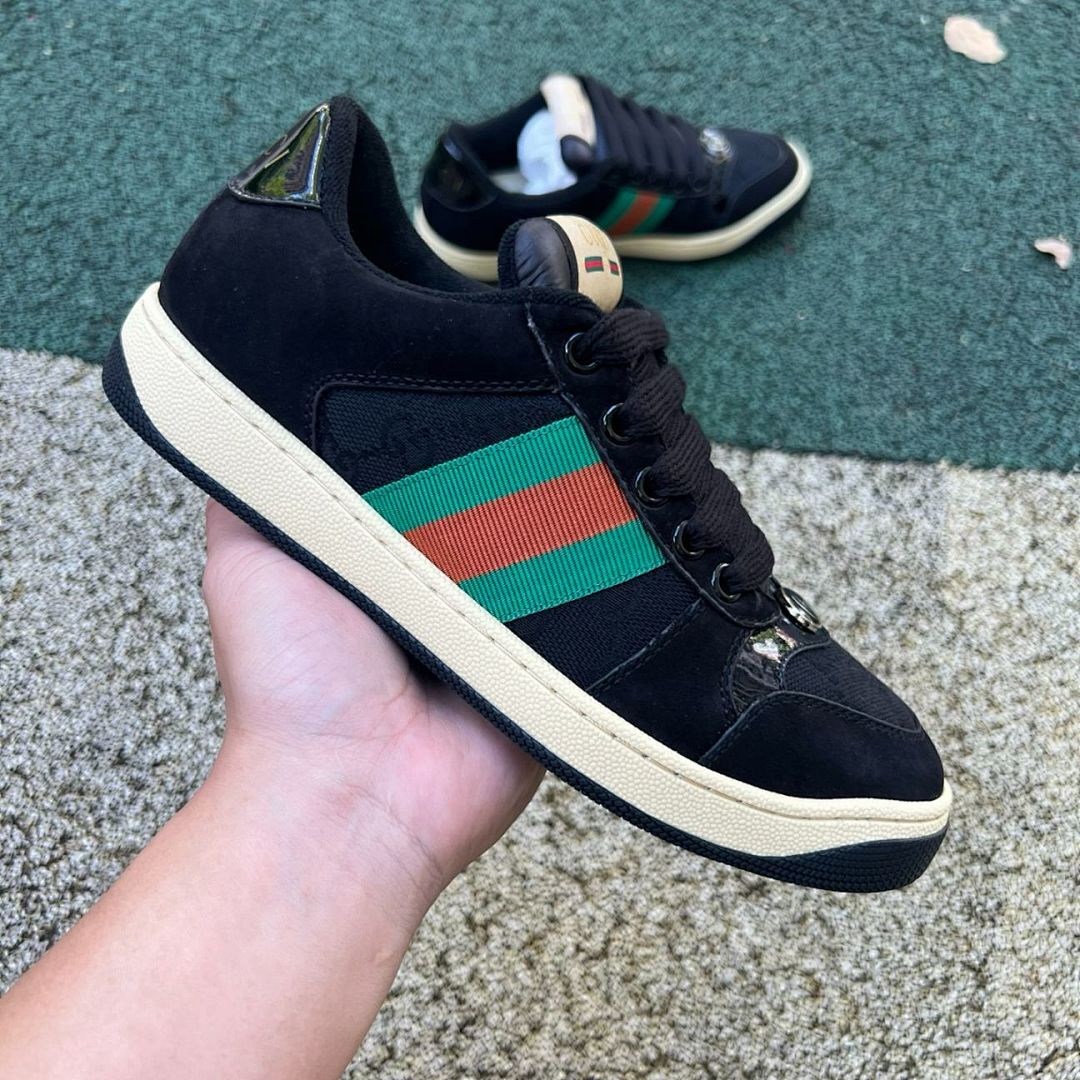 Gucci Black Canvas Tennis 1977 Low-Top Sneakers with Web Stripe