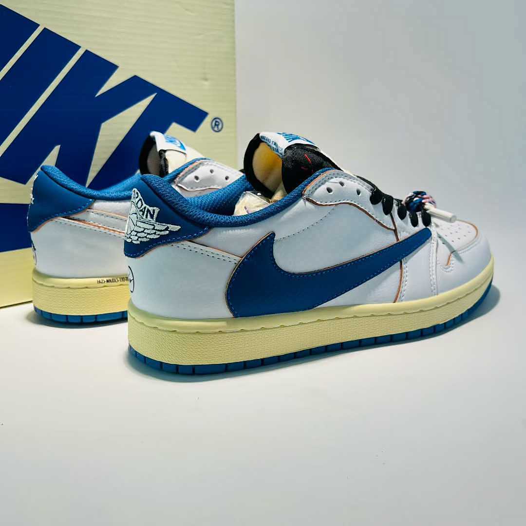 Travis Scott x Fragment x Air Jordan 1 Low OG SP "Military Blue" DM7866-140 Nike White Blue Sail Reverse Swoosh Cactus Jack Collaboration Sneakers Men's Women's Unisex