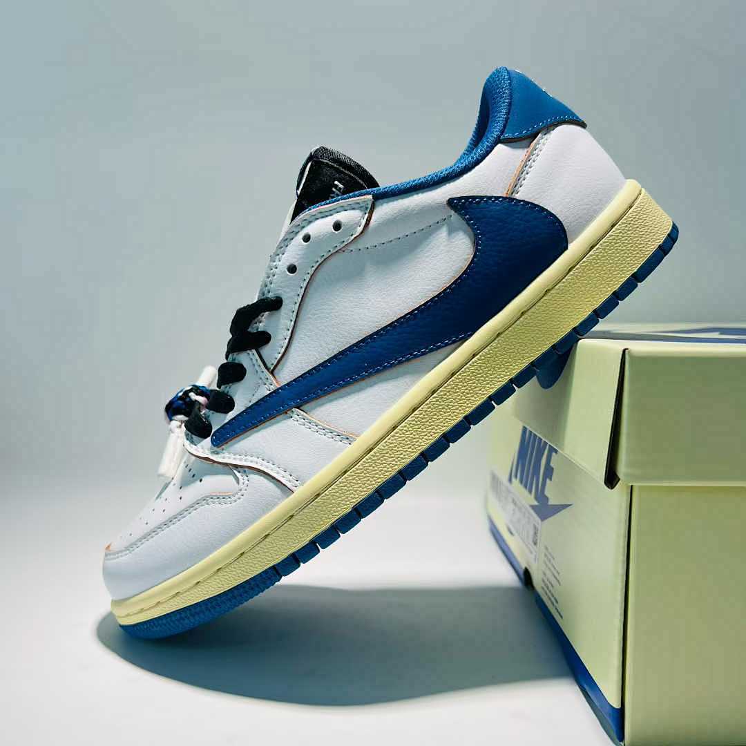 Travis Scott x Fragment x Air Jordan 1 Low OG SP "Military Blue" DM7866-140 Nike White Blue Sail Reverse Swoosh Cactus Jack Collaboration Sneakers Men's Women's Unisex