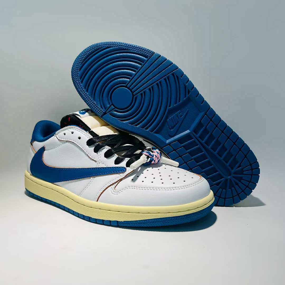Travis Scott x Fragment x Air Jordan 1 Low OG SP "Military Blue" DM7866-140 Nike White Blue Sail Reverse Swoosh Cactus Jack Collaboration Sneakers Men's Women's Unisex
