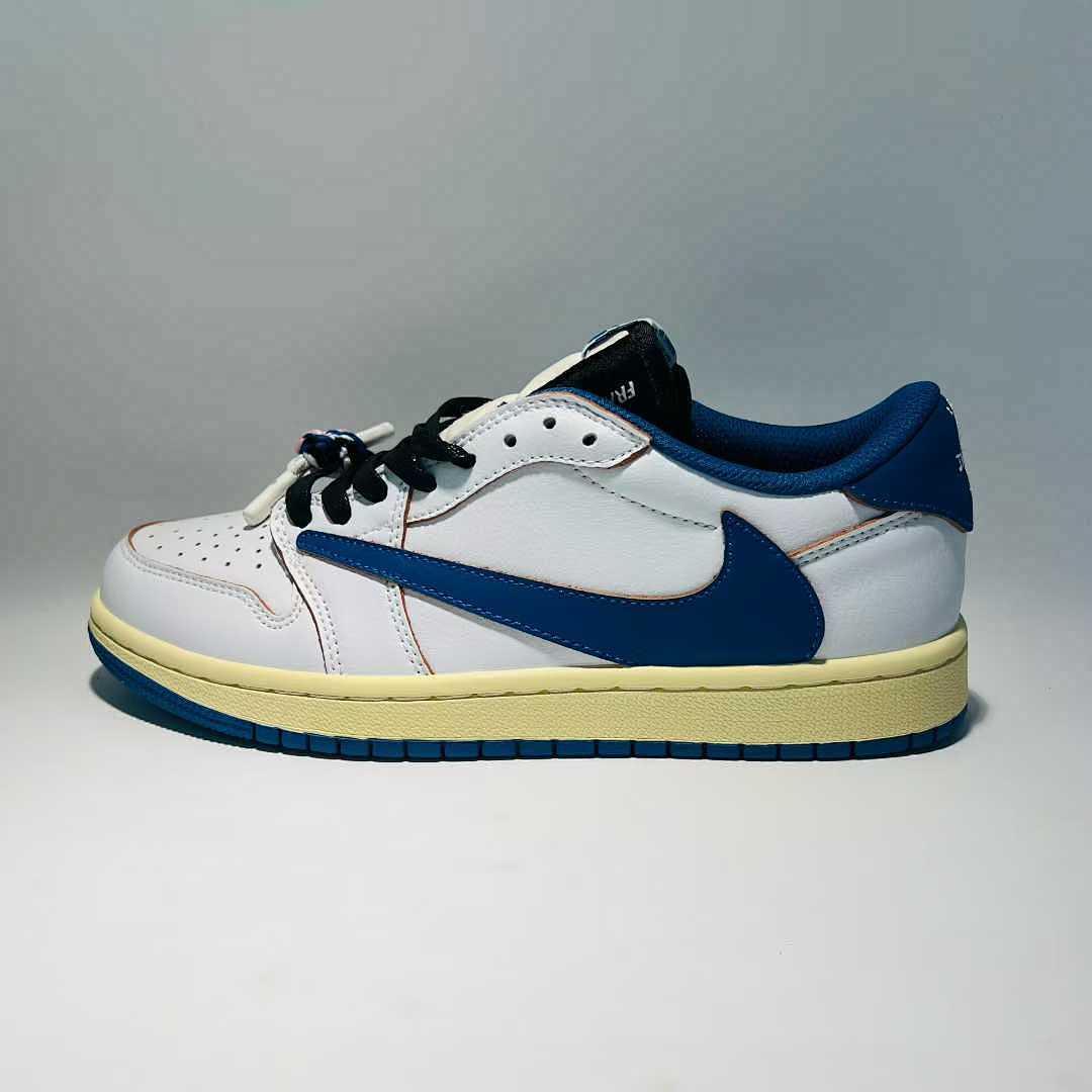 Travis Scott x Fragment x Air Jordan 1 Low OG SP "Military Blue" DM7866-140 Nike White Blue Sail Reverse Swoosh Cactus Jack Collaboration Sneakers Men's Women's Unisex