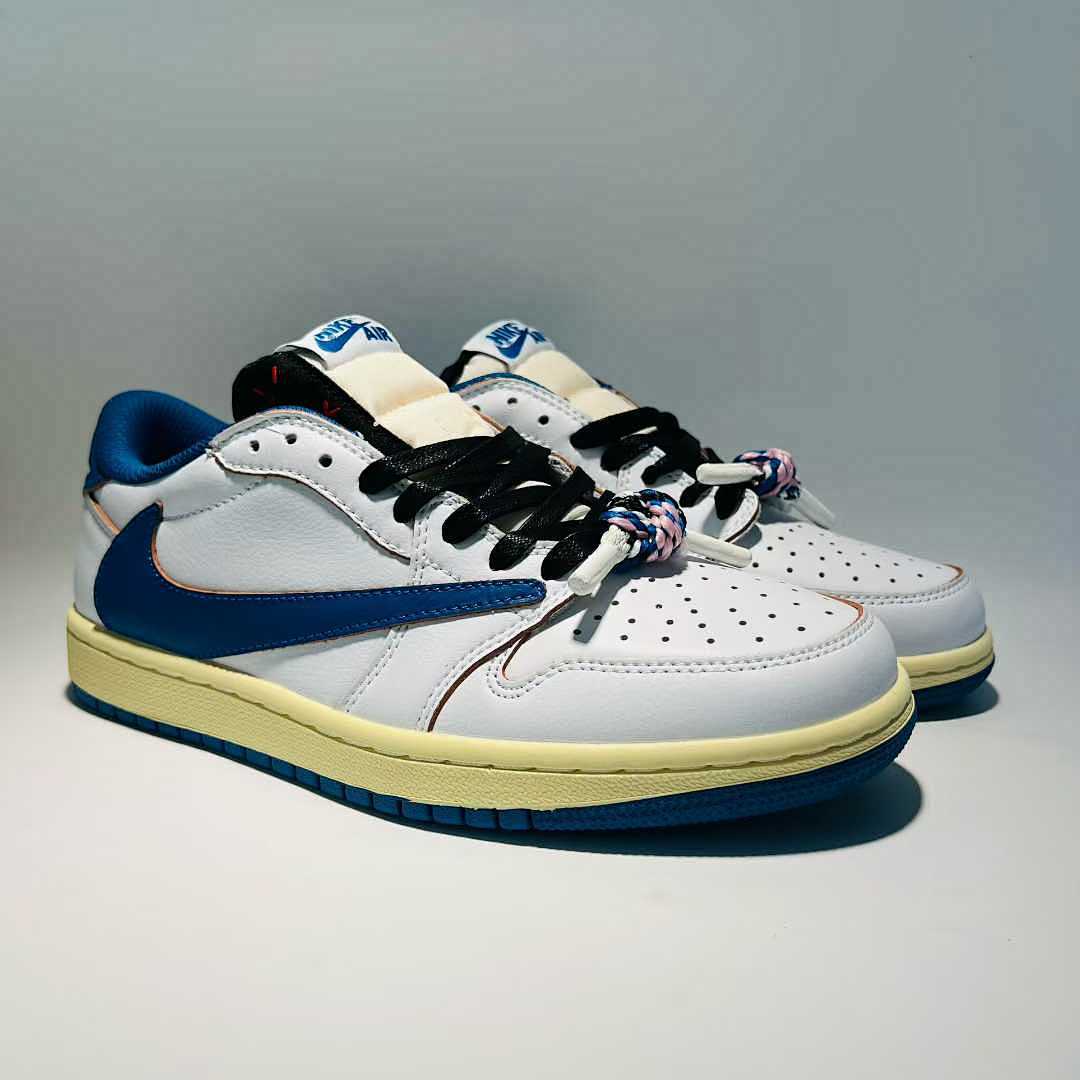 Travis Scott x Fragment x Air Jordan 1 Low OG SP "Military Blue" DM7866-140 Nike White Blue Sail Reverse Swoosh Cactus Jack Collaboration Sneakers Men's Women's Unisex