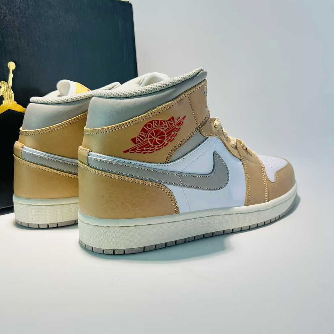 Nike Air Jordan 1 Mid SE 'White Light Grey Desert Ochre' DN4321-122 Men's Lifestyle Sneakers Tan Brown White Grey Red Shoes