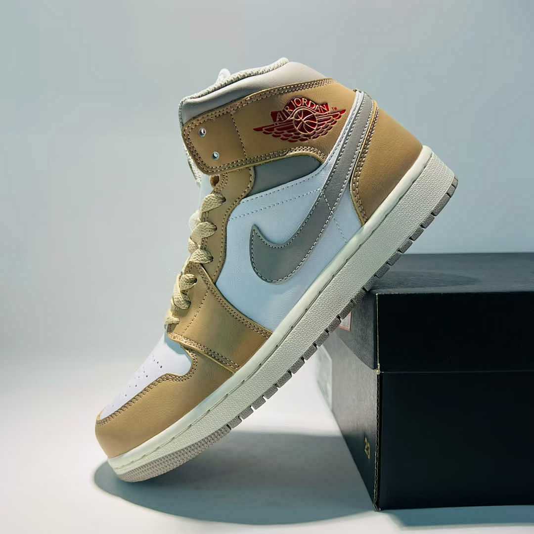 Nike Air Jordan 1 Mid SE 'White Light Grey Desert Ochre' DN4321-122 Men's Lifestyle Sneakers Tan Brown White Grey Red Shoes