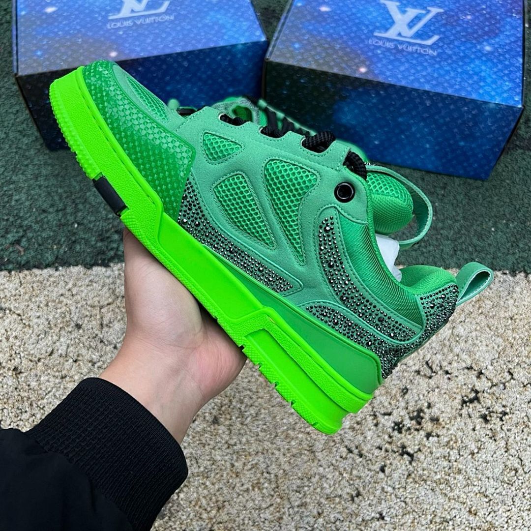 Louis Vuitton LV Trainer Sneaker Fluorescent Green Strass Rhinestone 1A9N7I Men's Luxury Shoe