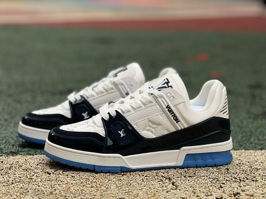 Louis Vuitton LV Trainer Sneakers White Navy Blue Monogram Embossed Transparent Blue Sole Luxury Designer Shoes Men Women Fashion Footwear