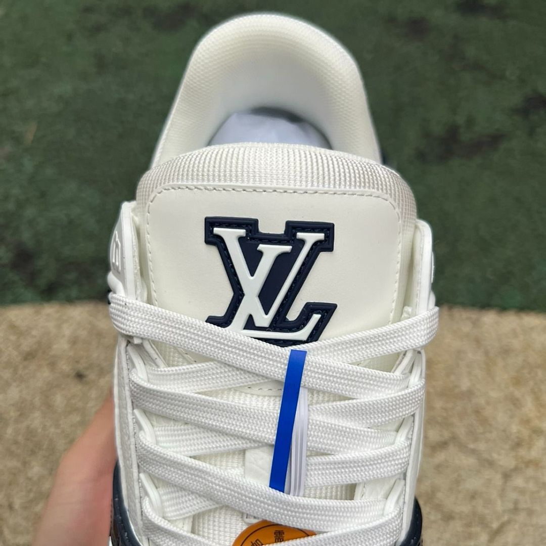 Louis Vuitton LV Trainer Sneakers White Navy Blue Monogram Embossed Transparent Blue Sole Luxury Designer Shoes Men Women Fashion Footwear