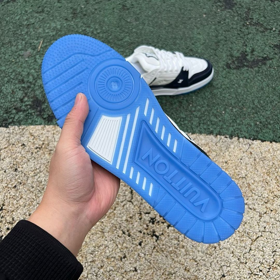 Louis Vuitton LV Trainer Sneakers White Navy Blue Monogram Embossed Transparent Blue Sole Luxury Designer Shoes Men Women Fashion Footwear